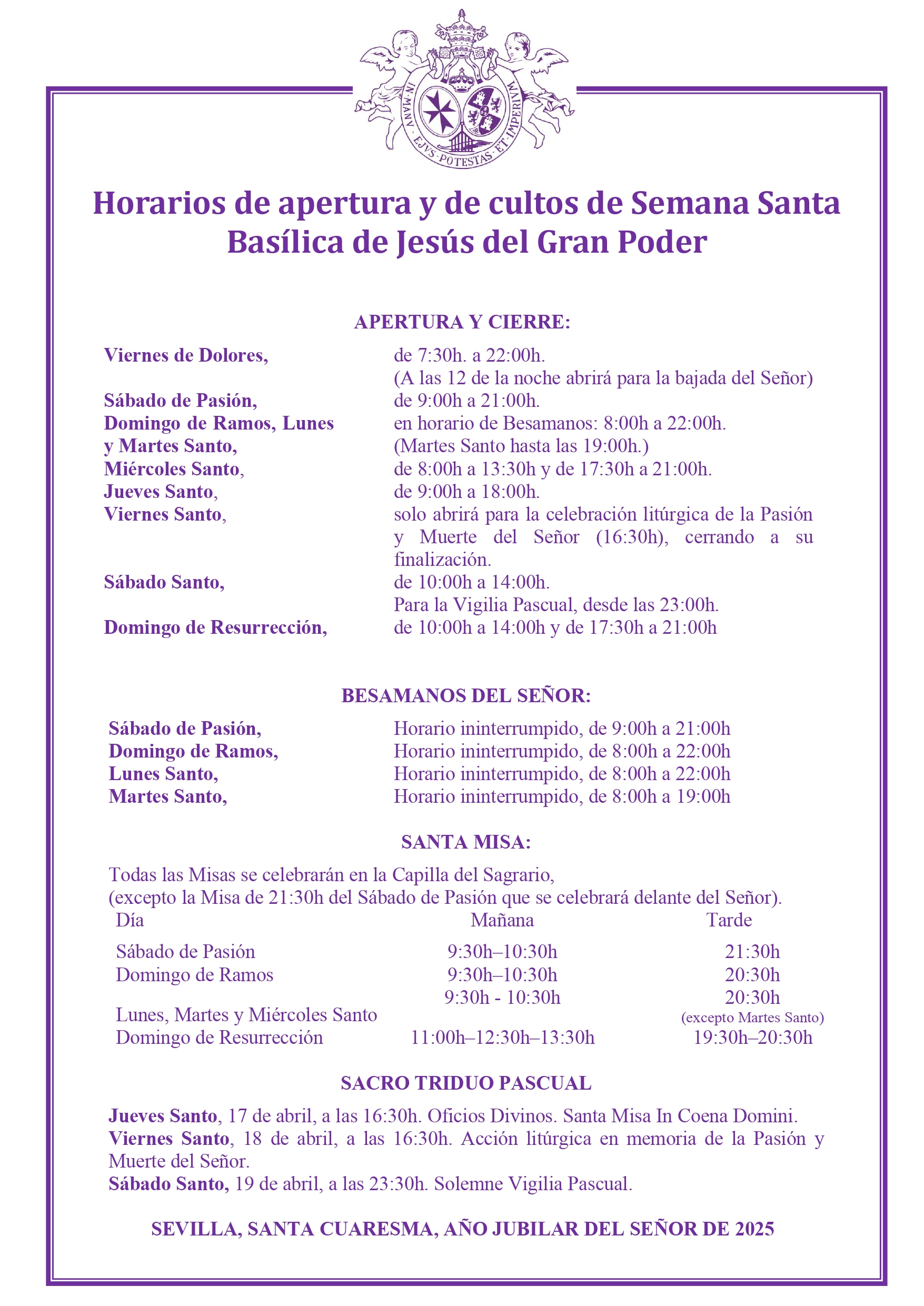Horarios de apertura y misas en Semana Santa 2025 | Hermandad del Gran ...