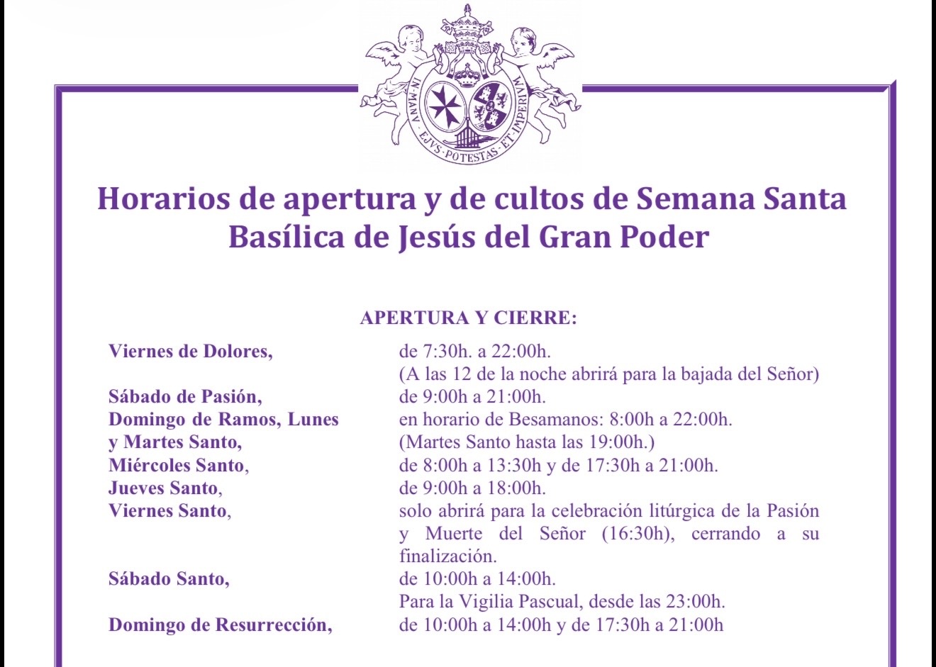 Horarios de apertura y de misas en la Basílica durante la Semana Santa ...